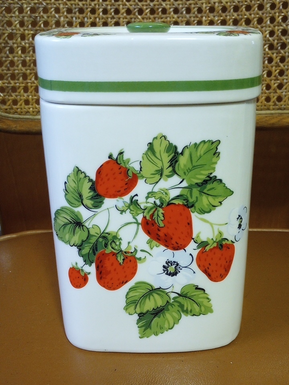 Daeware Ceramic Strawberry & Floral Vintage Canister. Cream Red Green White